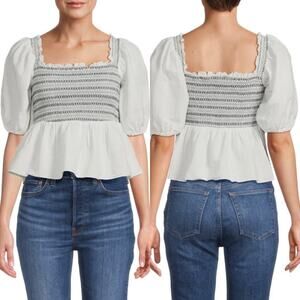NWT Something Navy White Linen Blend Smocked Puff Shoulder Top